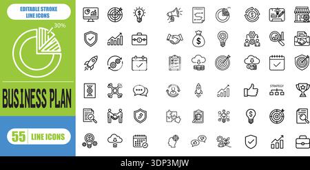 Symbolgruppe "Erfolg". Symbol für erfolgreiche Geschäftsentwicklung, Plan und Prozess. Vektorsammlung von ausgefüllten Symbolen. Stock Vektor