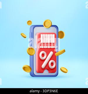 3D-Rabattgutschein auf dem Telefonbildschirm mit Goldmünze Stock Vektor