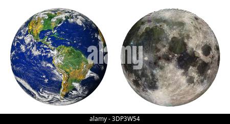 Erde und Mond isoliert auf weißem Hintergrund. Satellitenansicht der Planeten im Sonnensystem. Elemente dieses Bildes, bereitgestellt von der NASA. Stockfoto