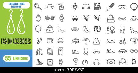 Modern Style Fashion Icon Set – Bekleidung, Accessoires, Schönheit, Trendiges Outfit, Schuhe, Schmuck Und Boutique-Symbole, Symbole Für Zeitgenössischen Stil Stock Vektor