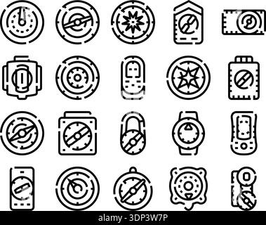 Komasse und Navigationssymbole, die Werkzeuge zur Richtungssuche umreißen Stock Vektor
