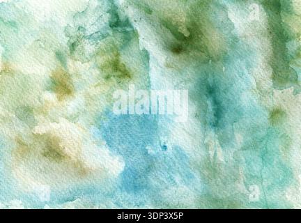 Abstrakter Hintergrund mit Aquarell. In verschiedenen Farben, Blautönen, Grün, Ocker, weiß. Chaotische Flecken, Farben vermischen sich zu neuen Farben, Schattierungen. Textur Stockfoto