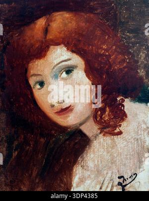 Dieses fesselnde Ölgemälde aus den späten 1920er Jahren mit dem Titel „La Rousse“ ist ein Porträt des französischen Künstlers André Derain. Es zeigt eine junge Frau mit auffälligen roten Haaren und ausdrucksstarken Augen, die mit einem reichhaltigen, strukturierten Pinselstrich versehen ist, der für seine postfahwistische Zeit charakteristisch ist. Stockfoto