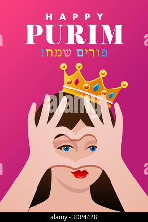 Happy Purim сreative Cover mit Esthers Gesicht und Händen in Herzform. Übersetzung – Happy Purim! Vektor-Grußkartendesign mit Text Stock Vektor