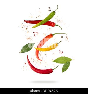 Farbe heiße Chilischote isoliert auf weißem Hintergrund. Fliegende rote, orange, grüne und gelbe getrocknete Paprika mit Lorbeerblättern. Gemüsesammlung. Küche Stockfoto