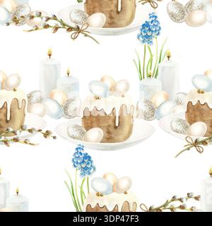 Nahtloses Muster für Osterkuchen. Glasiertes Gebäck, dekoriert mit Eiern, Weidenzweigen, Muscari-Blumen und Kerzen. Handgezeichnete Aquarellillustration für Stockfoto