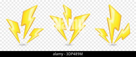 3D-Blitzsymbole. Blitzbolzen, gelber Pfeil, Symbol für Batterieladung. Thunderbolt Energy Strike, Comic Power Logo. Realistisches Gewitter, Hochspannungswarnung isoliertes Vektorzeichen. Stock Vektor
