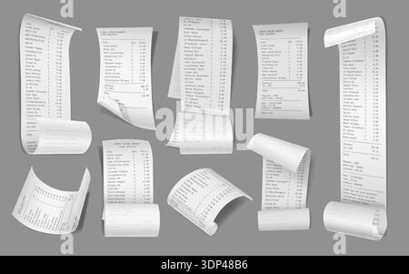 Realistische Vorlage für Papierbelege, Modell für Verkaufsbelege und Zahlungskonzept. Isoliertes 3D-Vektor-Set. Stock Vektor