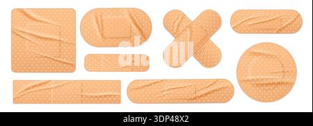 Realistischer faltiger medizinischer Pflaster, erste-Hilfe-Faltenverband, Klebeband, Medizinpflaster. 3D-Pflaster für Wunden und Verletzungen. Erste-Hilfe-Kasten Unfallversorgung. Vektor-isolierter Satz. Stock Vektor