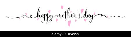 Muttertag Textbanner mit handgeschriebener Typografie und rosa Herzen auf weißem Hintergrund. „Happy Mother's Day“-Schriftzug mit schwarzer durchgehender Linie Stock Vektor