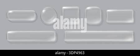 3D-Tasten aus Flüssigglas. Realistisches, transparentes Glasmorphismus-UI-Panel, abgerundetes Feld mit hochglänzendem Pneumorphismus. Mattierter Web-Interface-Rahmen. Glänzende kristallklare Steuerung, Armaturenbrett leerer Widget Vektor Set. Stock Vektor