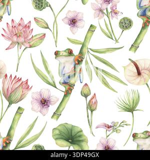 Aquarellfloralen und Baumfrosch nahtloses Muster, Bambusblätter, Anthuriumblume, Papyrus, Orchideenblume, lotus mit Schoten, die Illustration wiederholen, h Stockfoto