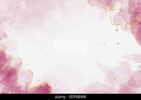 Abstrakter rosafarbener Aquarellhintergrund mit goldenen Linien, weiche Pastelltextur, elegantes feminines künstlerisches Design Stockfoto
