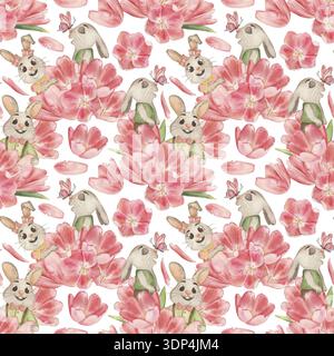 Nahtloses Muster in Frühlingsaquarellen mit niedlichen Häschen, pinken Tulpen und Schmetterlingen. Handgezeichnete botanische Illustration in Pastellfarben für Stoff Stockfoto