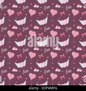 Nahtloses Valentinstag-Muster mit Herzballons, geflügelten Herzen, Bögen und LIEBESTEXT auf kastanienbraun Stockfoto
