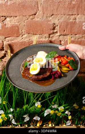 Gemüsesalat und Steak in einem Restaurant Stockfoto