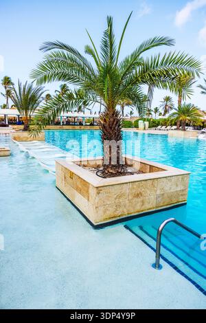 Wunderschöner Blick auf die Palmen, die im Swimmingpool auf dem Hotelgelände wachsen, mit türkisfarbenem Wasser und tropischer Atmosphäre. Willemstad. Curacao. Stockfoto