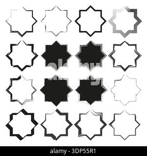 Raffinierte Sternenrahmen. Geometrischer Begrenzungsvektor. Symmetrische Starburst-Symbole. Ausgezeichnete Rahmendarstellungen. EPS 10. Stock Vektor