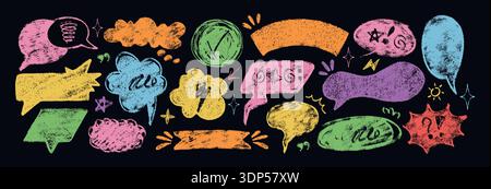 Farbenfrohe Buntstift-Textfeldformen. Handzeichnung für Kinder Kreide-Sprechblasen mit Grunge-Textur. Kindliche Doodle Talk Ballons im Skizzenstil. Comic-Dialog-Chat mit schwörenden Symbolen auf dem Schwarzen Brett Stock Vektor