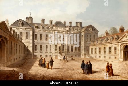 Das Courtyard of Montagu oder Montague House, 1830, das erste Haus des British Museum, ein Herrenhaus aus dem 17. Jahrhundert in der Great Russell Street, Bloomsbury, London, England, Stockfoto