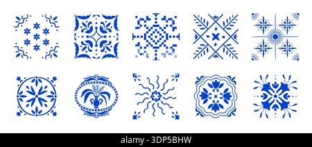 Mediterrane Keramikfliesen. Blaue Amalfi-Ornamente mit Mosaiktexturen. Nahtloses italienisches Design. Traditionelle portugiesische Azulejo-Elemente, Symbole der Sommersonne und Vintage-Ästhetik der Positano-Küste. Stock Vektor