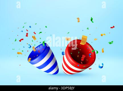 Zwei 3D Party Poppers mit bunten Konfetti Stock Vektor