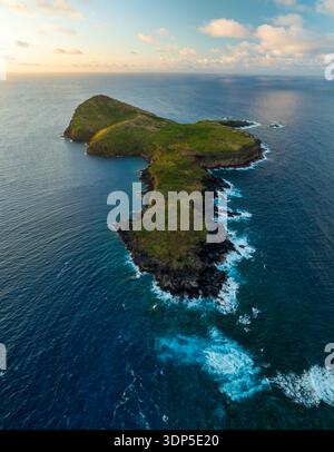 Blick aus der Vogelperspektive auf die üppig grüne Insel, umgeben vom tiefblauen Meer, wo Wellen gegen die felsige Küste, Coin de Mire, Mauritius, krachen. Stockfoto