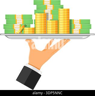 Hand hält Tablett mit Geld und Münzen. andere Hand hält Abdeckung. Konzept der Bankdarlehen, Hypotheken, Investitionen. Klicken Sie im flachen Stil. isolierte Vektor illus Stock Vektor