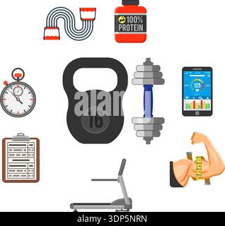 Fitness, Fitnessstudio, Cardio, gesunde Lebensweise Konzept für mobile Anwendungen, Website, Werbung mit Laufband, Bizeps, Protein- und Lebensmittel-Symbole. Stock Vektor