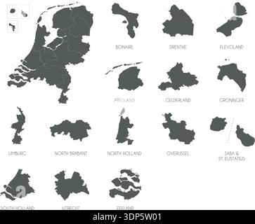 Silhouetten der Niederlande und leere Landkarte des Landes isoliert auf weißem Hintergrund. Vektorgrafik Stock Vektor