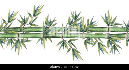Nahtlose Bambusborte in Aquarellfarben mit grünen Stielen und Blättern in einem klaren botanischen Stil. Illustration für Verpackungen, Textilien, Tapeten Öko Marken, Stockfoto