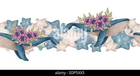 Nahtlose Aquarellrandung mit Blauwalen, die rosa Blumen zwischen Pastellsternen tragen. Sanfte himmlische Illustration für Kinderzimmer Dekor, Tapete, Text Stockfoto