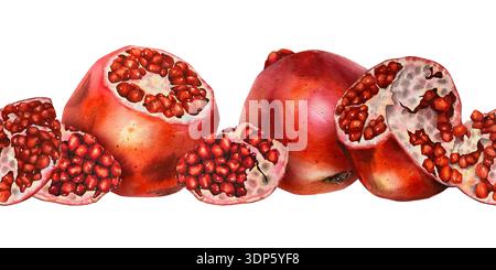 Aquarellrand mit Granatäpfeln: Ganze Früchte, Scheiben und saftige rote Samen. Illustration für Verpackungen, Textilien, Tapeten, kosmetisches Labor Stockfoto
