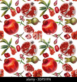 Aquarell nahtloses Muster ganze Granatäpfel öffnen Fruchtsamen Blüten Knospen und Blätter auf einem weißen Hintergrund. Abbildung für Verpackung Küchendekoration Stockfoto
