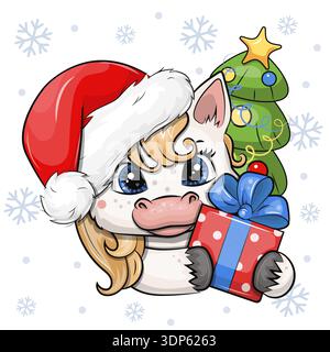 Ein niedliches weißes Cartoon-Pferd mit Weihnachtsbaum und Geschenk. Neujahrsvektor-Illustration auf weißem Hintergrund mit Schneeflocken. Stock Vektor
