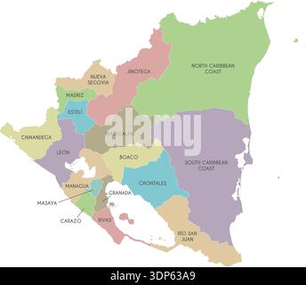 Vektorkarte Nicaraguas mit Departements, autonomen Regionen und Verwaltungsbereichen. Bearbeitbare und klar beschriftete Ebenen. Stock Vektor