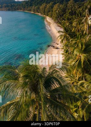 Entdecken Sie den ruhigen Charme des Takhian Beach in Koh Kood, Thailand. Dieses atemberaubende Küstenparadies bietet sanften goldenen Sand, üppige Palmen und türkisfarbenes Wasser, perfekt zum Entspannen. Stockfoto