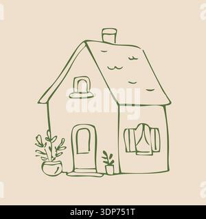 Skizzieren Sie eine skurrile Illustration mit einem Landhaus. Handgezeichnete grüne Kritzeleien. Isoliertes Element für beigefarbenen Hintergrund Stock Vektor