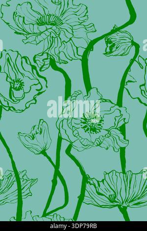 Nahtloses Muster mit Islandmohn im Collage-Stil. Tusche gezeichnete Blumen Silhouetten an langen Stielen. Zeilenhintergrund für Umschläge, Verpackungen, Gewebe Stockfoto