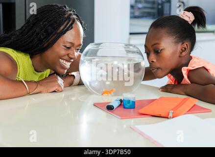 Afrikanische Mutter und Kind Tochter beobachten Goldfische in Glasschale auf Küchentheke mit Notizbuch Stockfoto