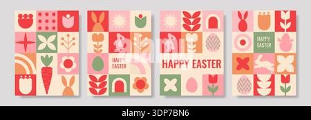 Geometrisches osterbanner mit pastellfarbenen Fliesen mit Eiern, Kaninchen-Silhouetten, Karotten- und Tulpensymbolen in flachem Raster-Retro-Design, warmen Korallen und Korallen Stock Vektor