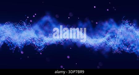 Binäre digitale Welle der futuristischen Technologie mit Cloud-Datenpunkten. Datenflusskonzept der Cyberspace-KI. Abstrakte digitale Welle mit Zahlen. Big Data Stockfoto