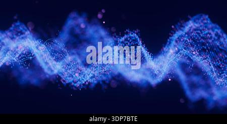 Binäre digitale Welle der futuristischen Technologie mit Cloud-Datenpunkten. Datenflusskonzept der Cyberspace-KI. Abstrakte digitale Welle mit Zahlen. Big Data Stockfoto