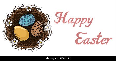 Happy Easter Vektor Banner mit Nest und dekorierten Eiern, zarte Blumen Stock Vektor