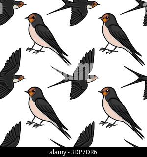Nahtloses Vektormuster von charmanten Scheunenschwalben im Flug und hoch, mit detaillierten Flügeln und markanten orange-braunen Markierungen. Stock Vektor