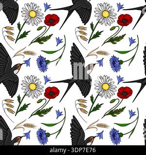 Nahtloses Vektormuster von Schwalben, Gänseblümchen, Mohn, Kornblumen und Weizenstielen auf weiß Stock Vektor