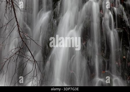 Nahaufnahme des Wassers, das über dunkle Felswände in einem Waldwasserfall im Lake District, Cumbria, England fließt. Stockfoto