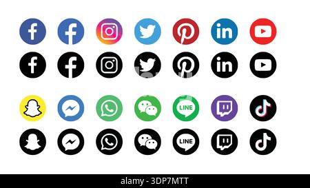 Vektorsatz für Social-Media-Symbole: Facebook, Instagram, Twitter, Pinterest, LinkedIn, YouTube, Snapchat, Messenger, WhatsApp, Line, Twitch, TikTok Isolate Stock Vektor