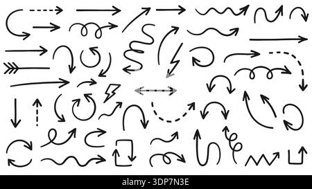 Handgezeichneter schwarzer Pfeil Vektorsatz. Kritzelpfeile, gekrümmte Linien, wellige Zeiger, Richtungsschilder, Navigationssymbole, isoliert auf weiß Stock Vektor
