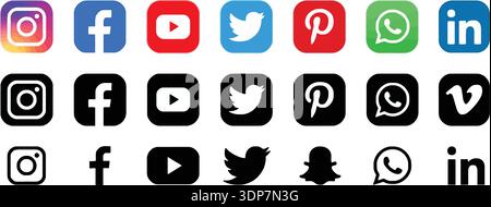 Social Media Icons Vektor Set Instagram Facebook YouTube Twitter Pinterest WhatsApp LinkedIn in der Farbe Schwarz und Umrissstile isoliert auf weiß Stock Vektor
